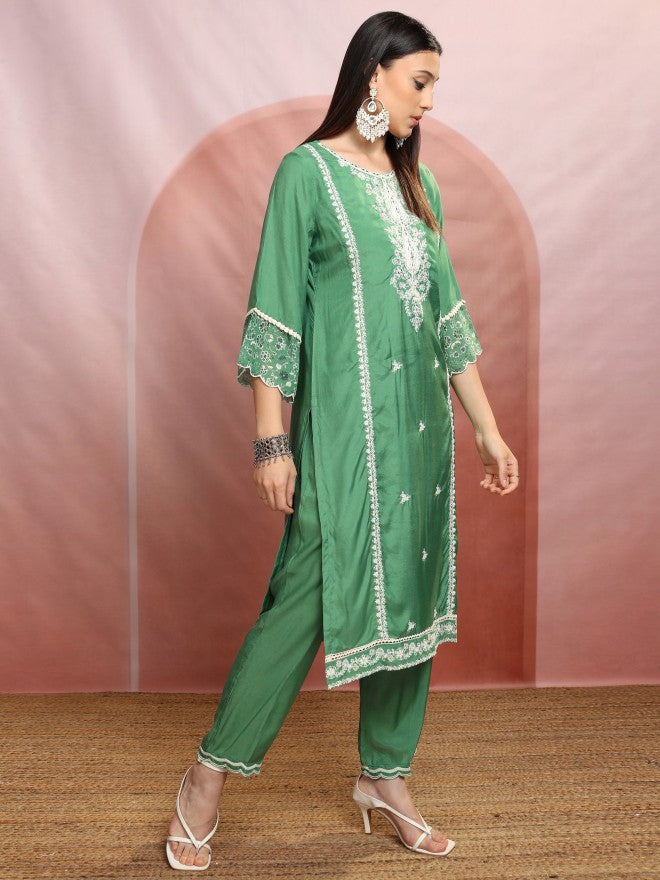 Vishudh Women Green Embroidered Kurta With Trouser And Dupatta - Green - Image 6