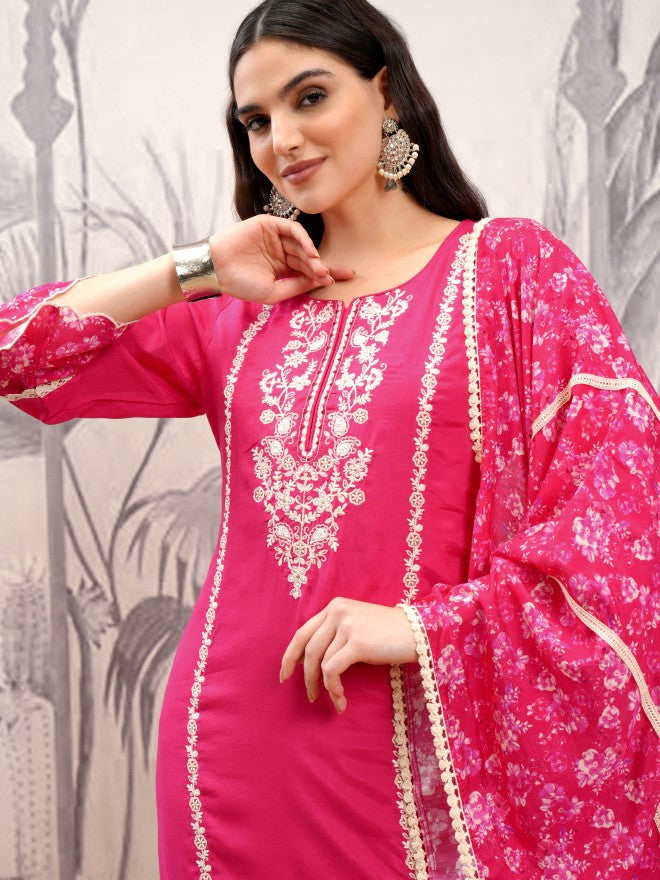 Vishudh Women Pink Embroidered Kurta With Trouser And Dupatta - Pink - Image 1