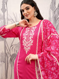 Vishudh Women Pink Embroidered Kurta With Trouser And Dupatta - Pink - Image 1