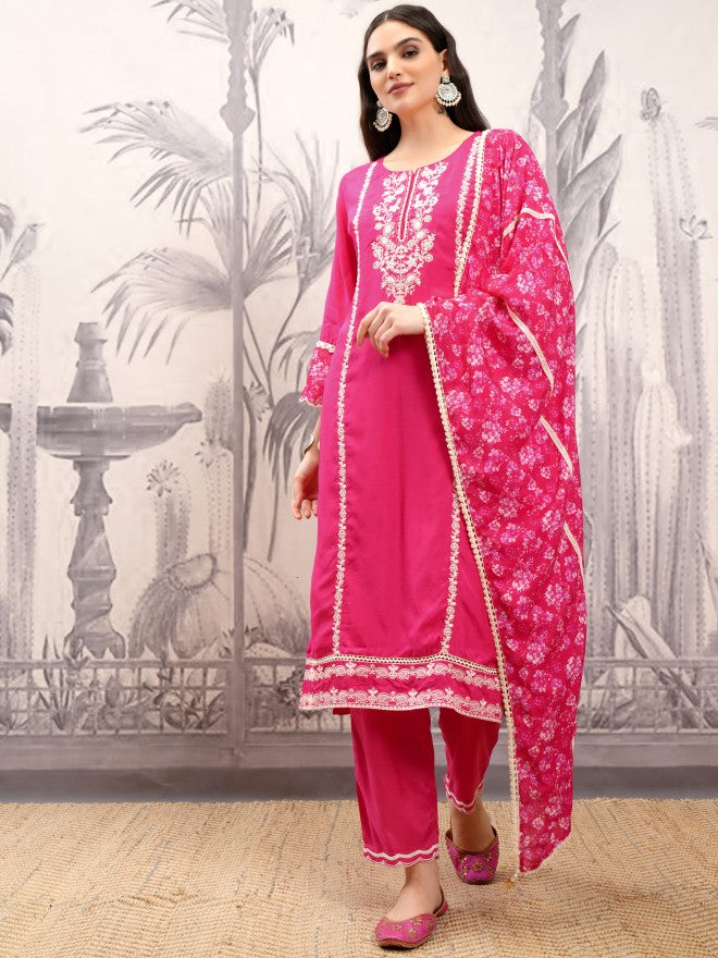 Vishudh Women Pink Embroidered Kurta With Trouser And Dupatta - Pink - Image 2