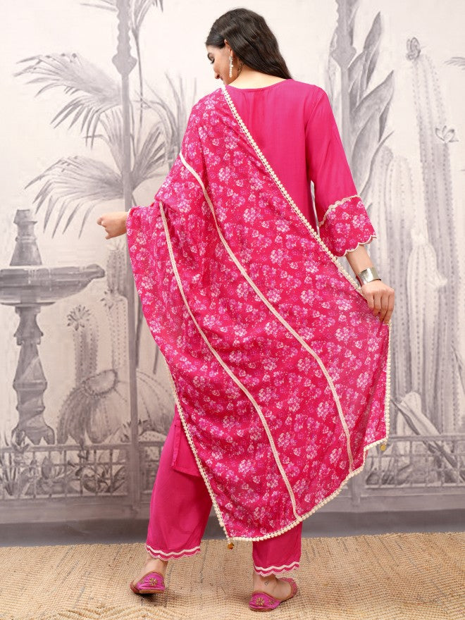 Vishudh Women Pink Embroidered Kurta With Trouser And Dupatta - Pink - Image 3