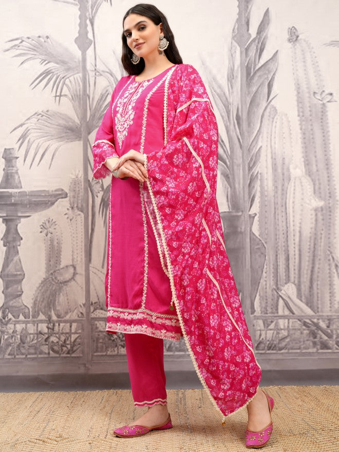 Vishudh Women Pink Embroidered Kurta With Trouser And Dupatta - Pink - Image 4