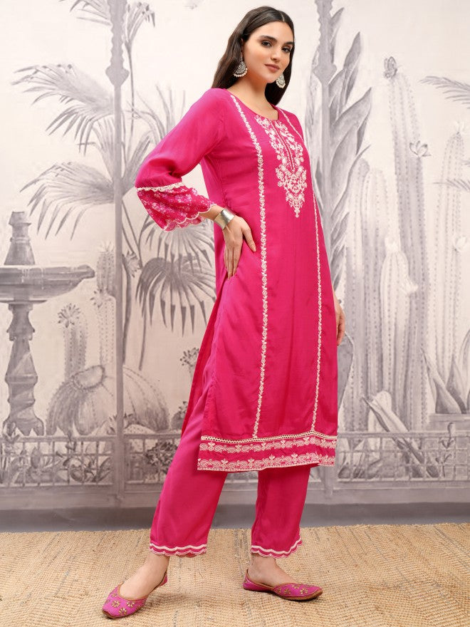 Vishudh Women Pink Embroidered Kurta With Trouser And Dupatta - Pink - Image 6