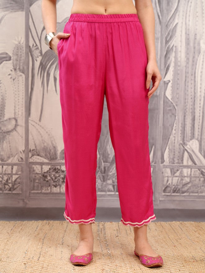 Vishudh Women Pink Embroidered Kurta With Trouser And Dupatta - Pink - Image 7