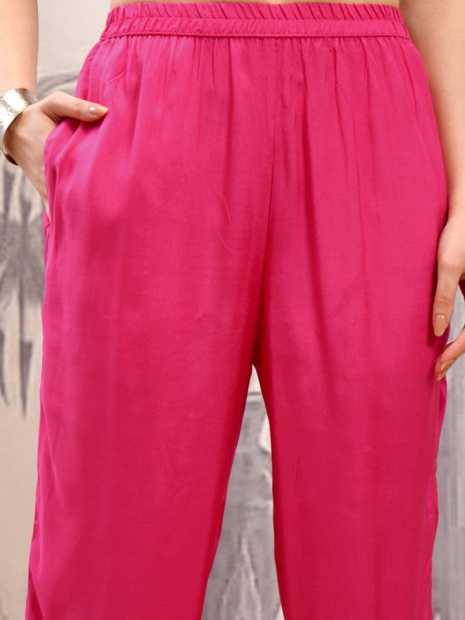 Vishudh Women Pink Embroidered Kurta With Trouser And Dupatta - Pink - Image 8