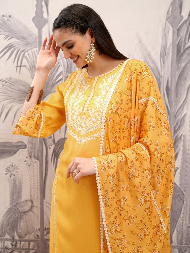 Vishudh Women Mustard Embroidered Kurta With Trouser And Dupatta - Mustard - Image 1