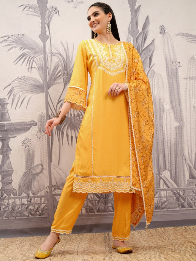 Vishudh Women Mustard Embroidered Kurta With Trouser And Dupatta - Mustard - Image 2