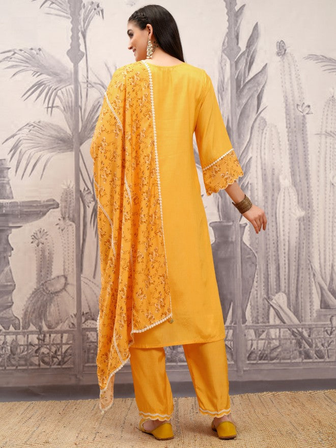 Vishudh Women Mustard Embroidered Kurta With Trouser And Dupatta - Mustard - Image 3