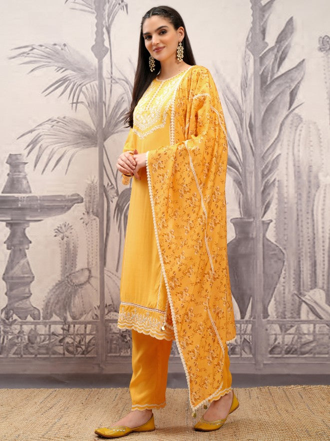 Vishudh Women Mustard Embroidered Kurta With Trouser And Dupatta - Mustard - Image 4