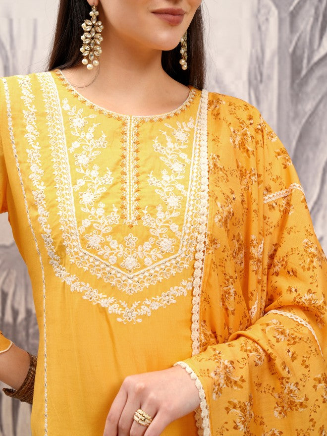 Vishudh Women Mustard Embroidered Kurta With Trouser And Dupatta - Mustard - Image 5