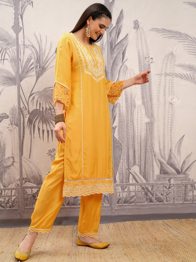 Vishudh Women Mustard Embroidered Kurta With Trouser And Dupatta - Mustard - Image 6