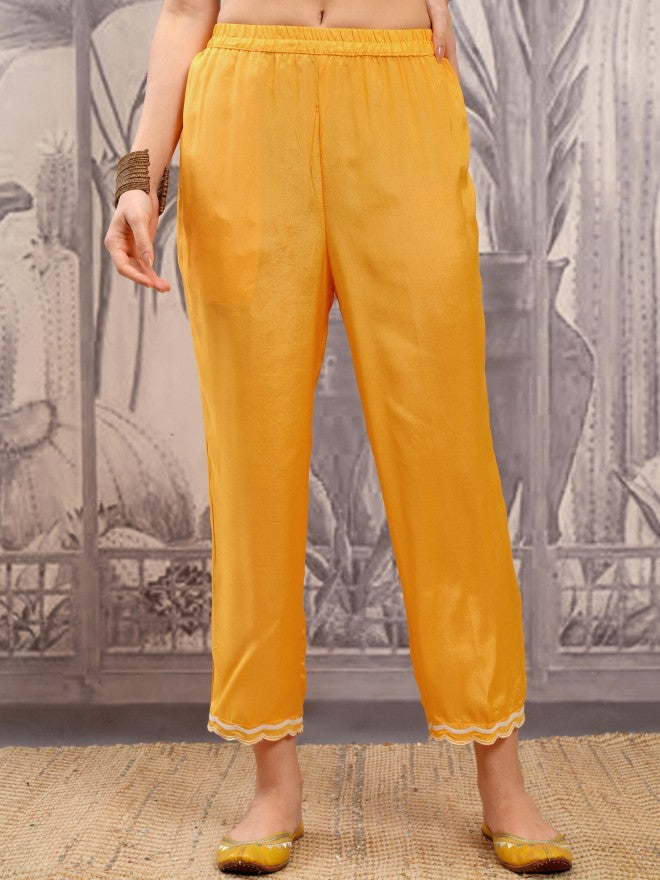 Vishudh Women Mustard Embroidered Kurta With Trouser And Dupatta - Mustard - Image 7