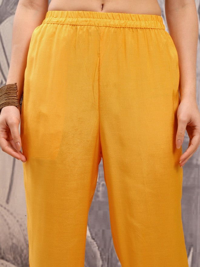 Vishudh Women Mustard Embroidered Kurta With Trouser And Dupatta - Mustard - Image 8