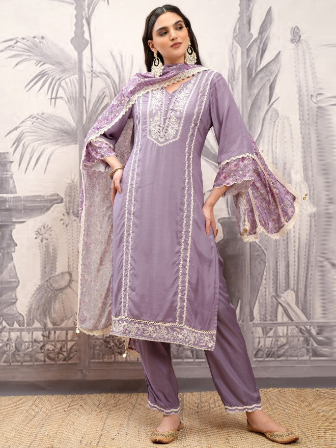 Vishudh Women Purple Embroidered Kurta With Trouser And Dupatta - Purple - Image 2
