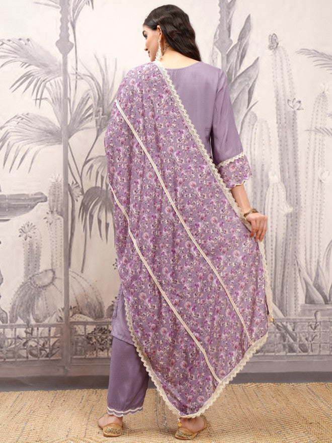 Vishudh Women Purple Embroidered Kurta With Trouser And Dupatta - Purple - Image 3