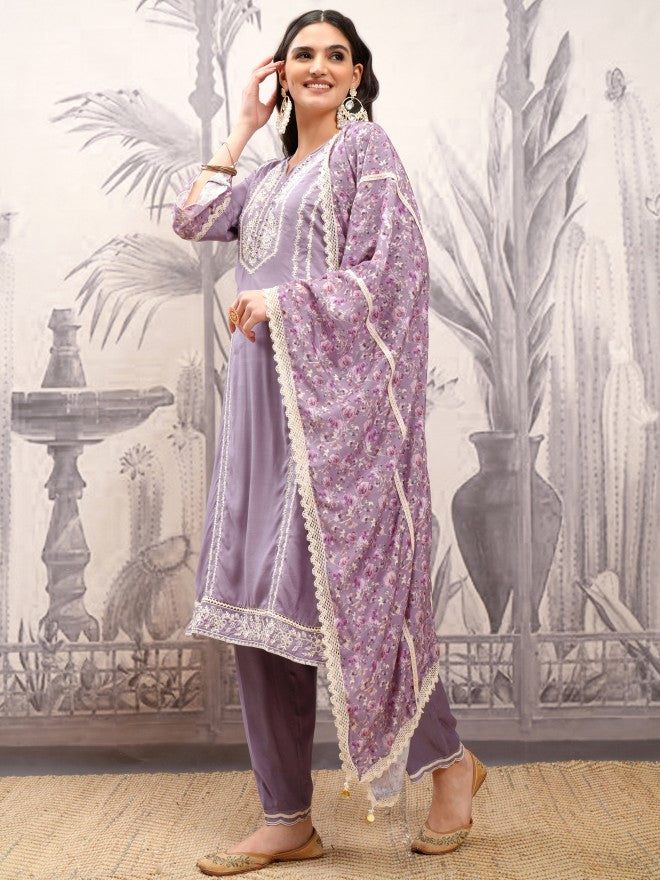 Vishudh Women Purple Embroidered Kurta With Trouser And Dupatta - Purple - Image 4