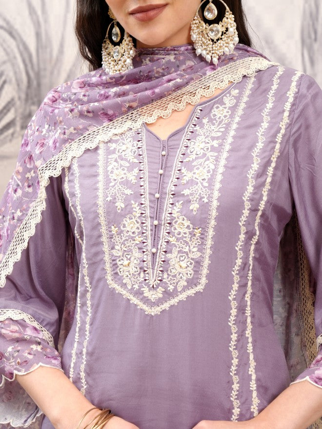 Vishudh Women Purple Embroidered Kurta With Trouser And Dupatta - Purple - Image 5