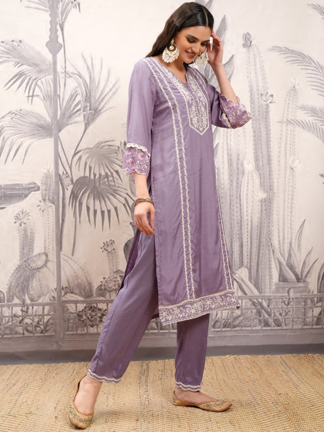 Vishudh Women Purple Embroidered Kurta With Trouser And Dupatta - Purple - Image 6