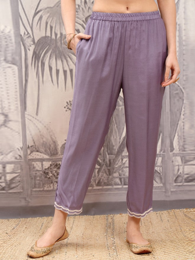 Vishudh Women Purple Embroidered Kurta With Trouser And Dupatta - Purple - Image 7
