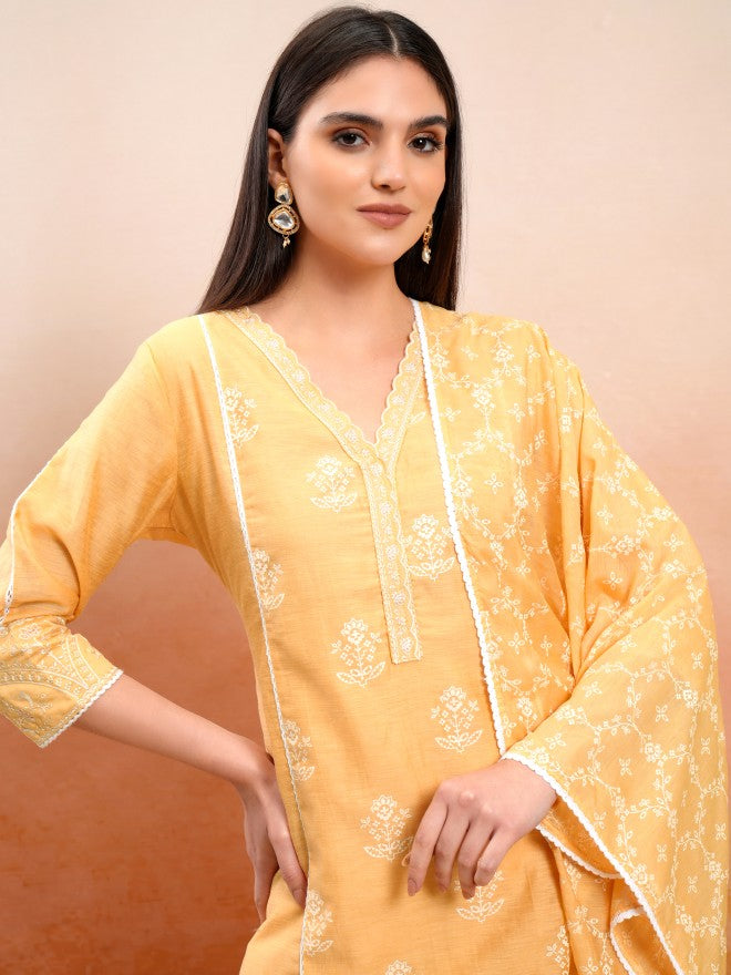 Vishudh Women Mustard Printed Kurta With Trouser And Dupatta - Mustard - Image 1