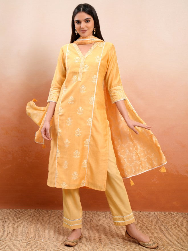 Vishudh Women Mustard Printed Kurta With Trouser And Dupatta - Mustard - Image 2