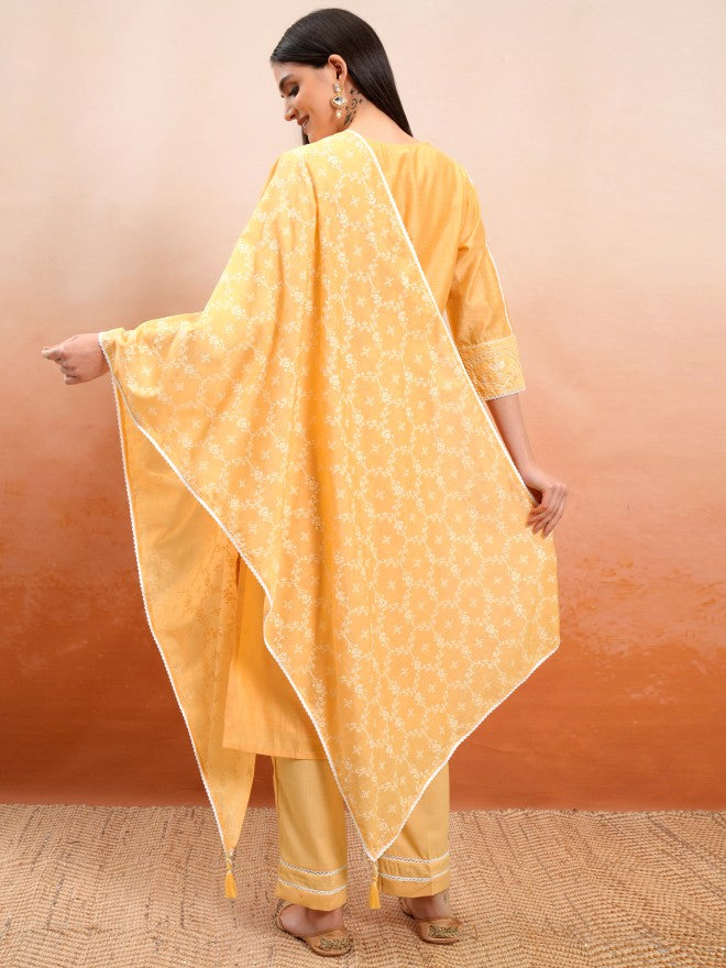 Vishudh Women Mustard Printed Kurta With Trouser And Dupatta - Mustard - Image 3
