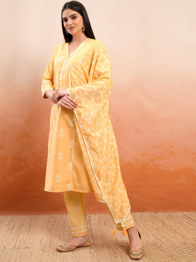 Vishudh Women Mustard Printed Kurta With Trouser And Dupatta - Mustard - Image 4