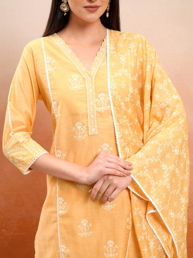 Vishudh Women Mustard Printed Kurta With Trouser And Dupatta - Mustard - Image 5