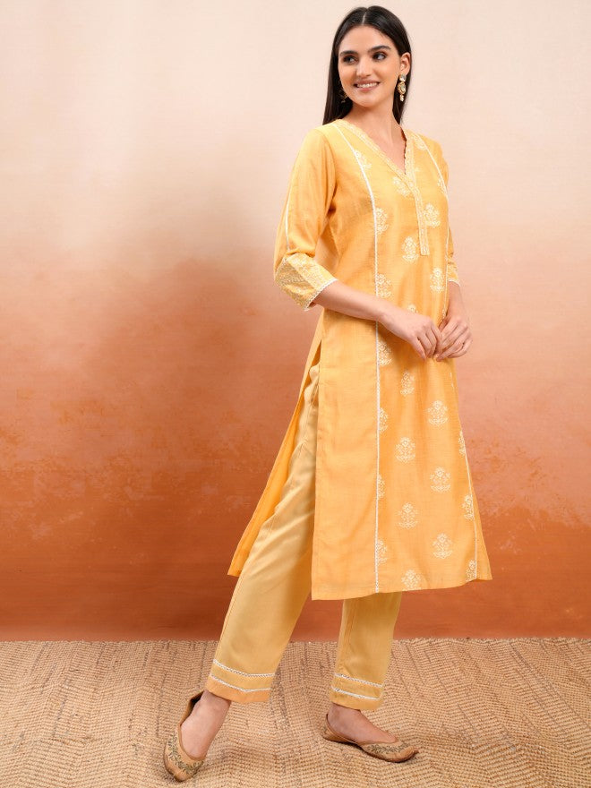 Vishudh Women Mustard Printed Kurta With Trouser And Dupatta - Mustard - Image 6