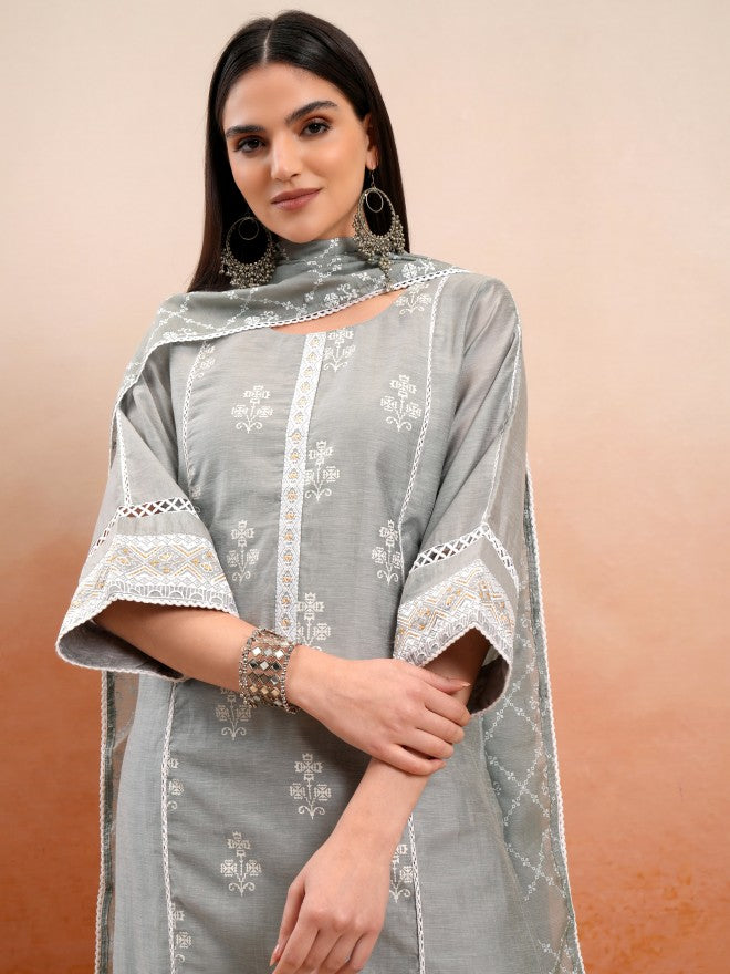 Vishudh Women Grey Printed Kurta With Trousers And Dupatta - Grey - Image 1