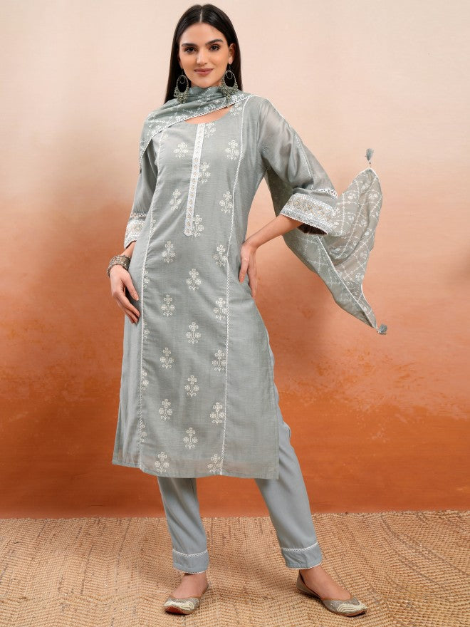Vishudh Women Grey Printed Kurta With Trousers And Dupatta - Grey - Image 2