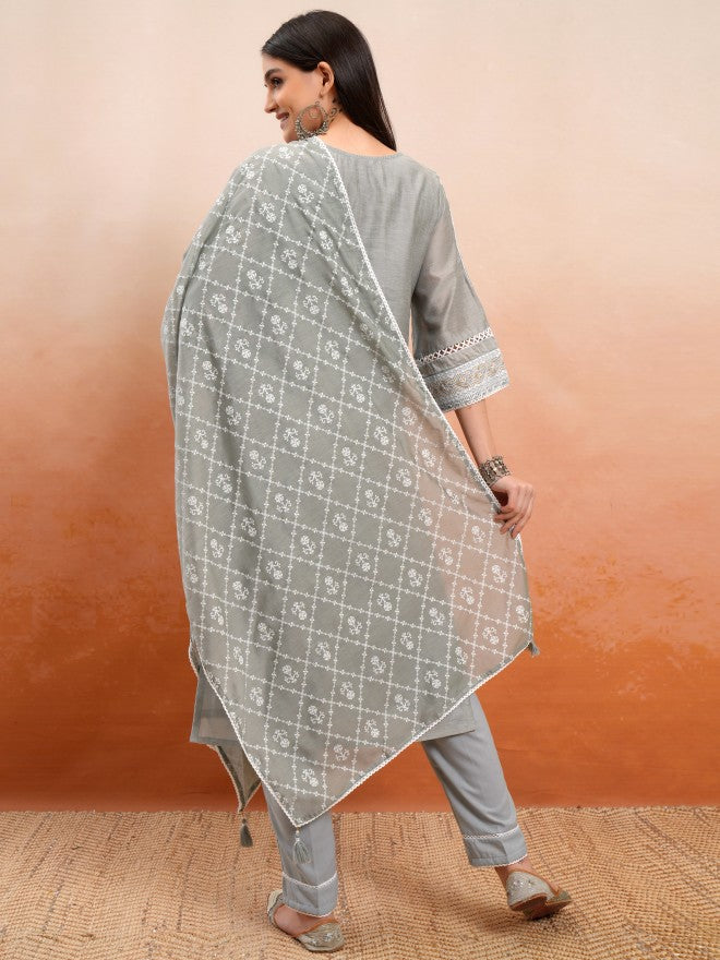 Vishudh Women Grey Printed Kurta With Trousers And Dupatta - Grey - Image 3