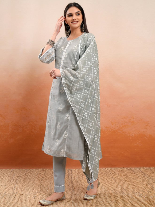 Vishudh Women Grey Printed Kurta With Trousers And Dupatta - Grey - Image 4