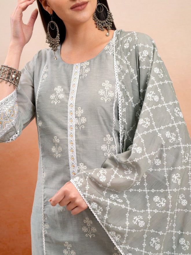 Vishudh Women Grey Printed Kurta With Trousers And Dupatta - Grey - Image 5