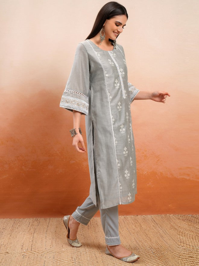 Vishudh Women Grey Printed Kurta With Trousers And Dupatta - Grey - Image 6