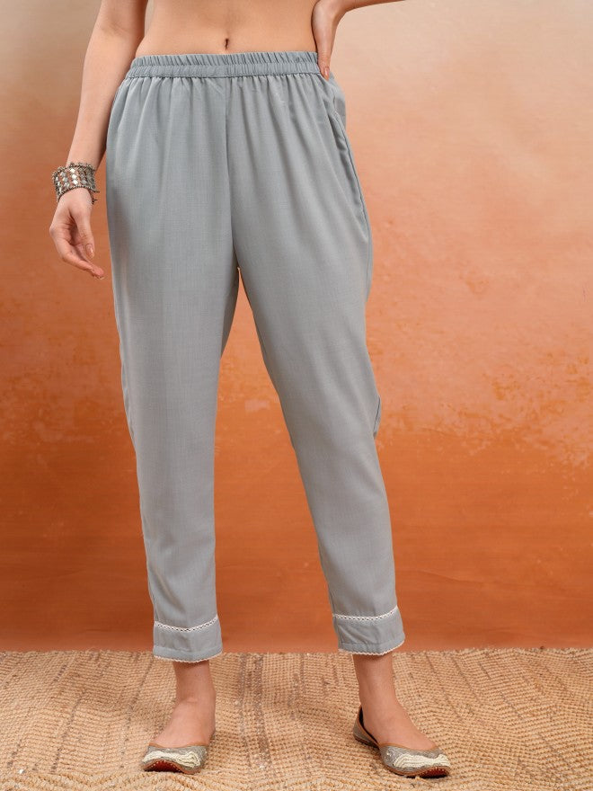 Vishudh Women Grey Printed Kurta With Trousers And Dupatta - Grey - Image 7