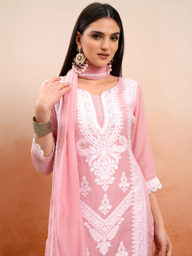 Vishudh Women Pink Embroidered Kurta With Trousers And Dupatta - Pink - Image 1