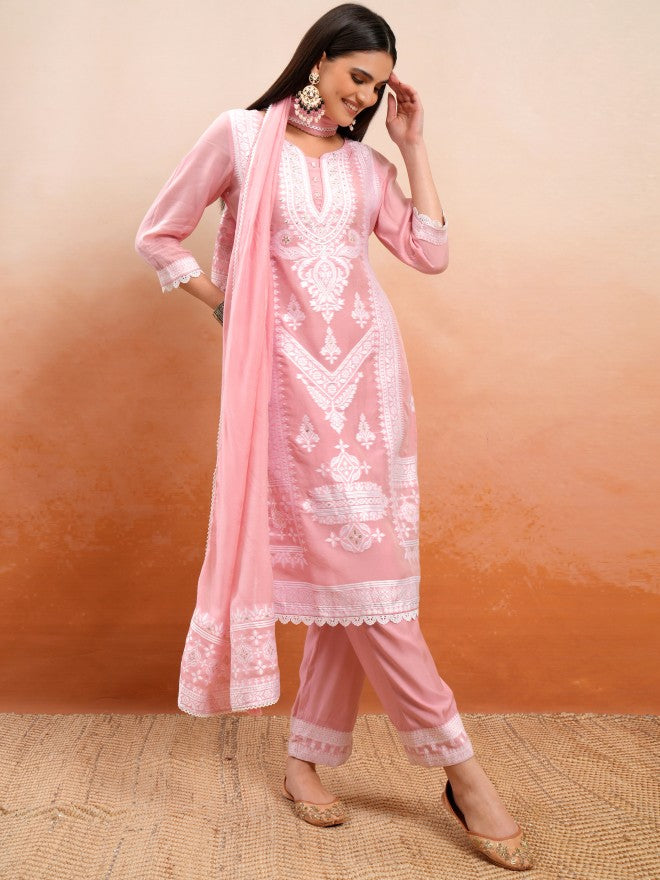 Vishudh Women Pink Embroidered Kurta With Trousers And Dupatta - Pink - Image 2