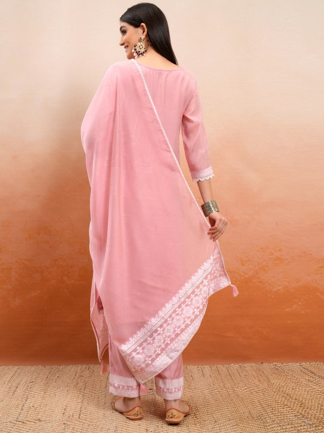 Vishudh Women Pink Embroidered Kurta With Trousers And Dupatta - Pink - Image 3