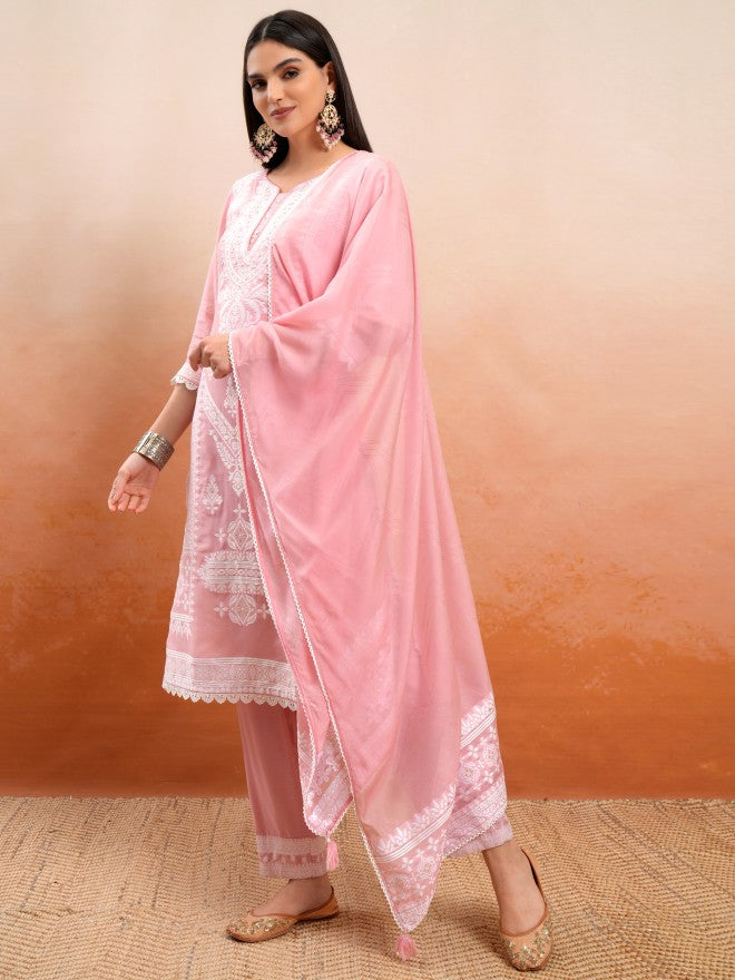 Vishudh Women Pink Embroidered Kurta With Trousers And Dupatta - Pink - Image 4