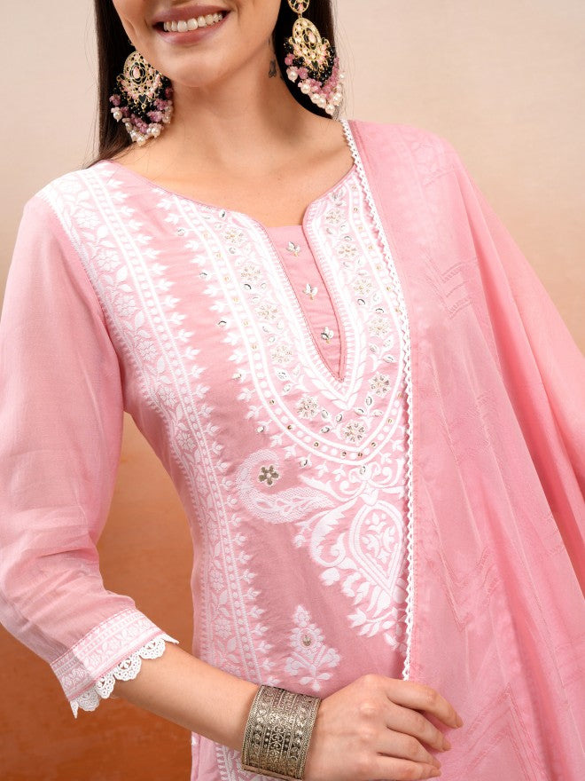 Vishudh Women Pink Embroidered Kurta With Trousers And Dupatta - Pink - Image 5