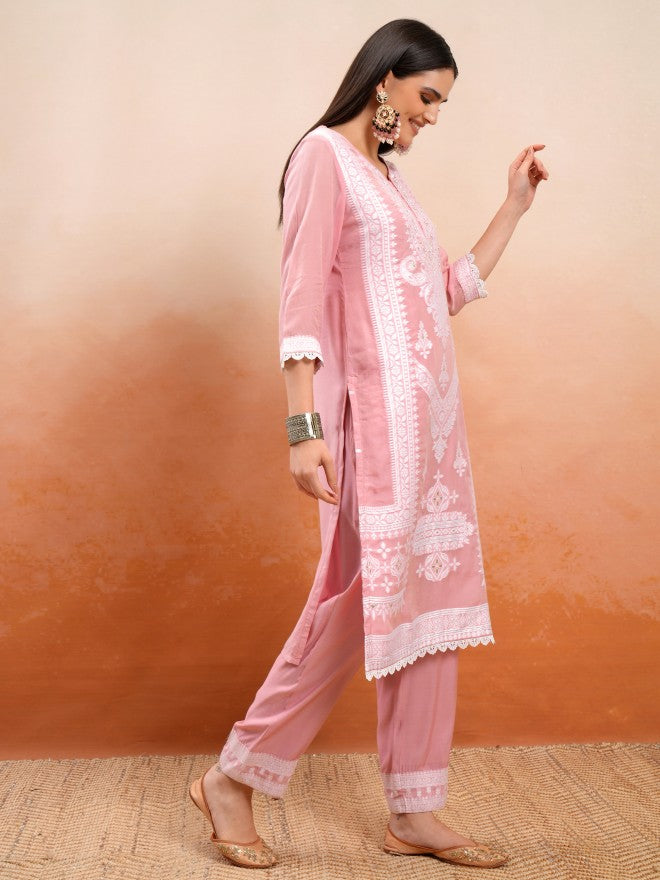 Vishudh Women Pink Embroidered Kurta With Trousers And Dupatta - Pink - Image 6