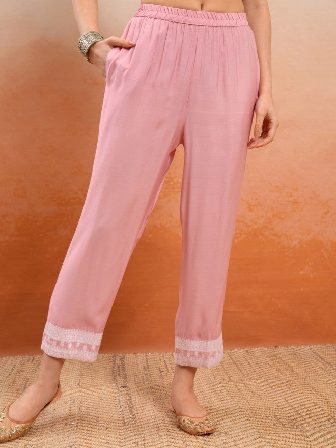 Vishudh Women Pink Embroidered Kurta With Trousers And Dupatta - Pink - Image 7