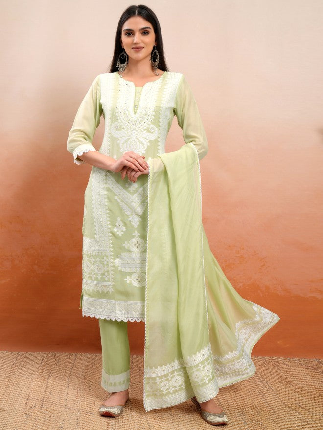 Vishudh Women Green Embroidered Kurta With Trouser And Dupatta - Green - Image 2