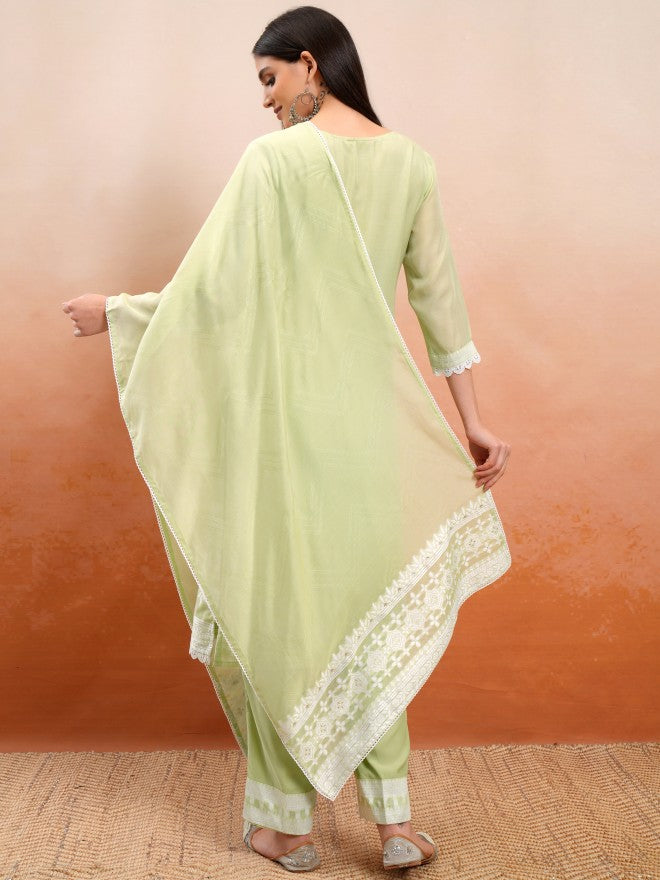 Vishudh Women Green Embroidered Kurta With Trouser And Dupatta - Green - Image 3