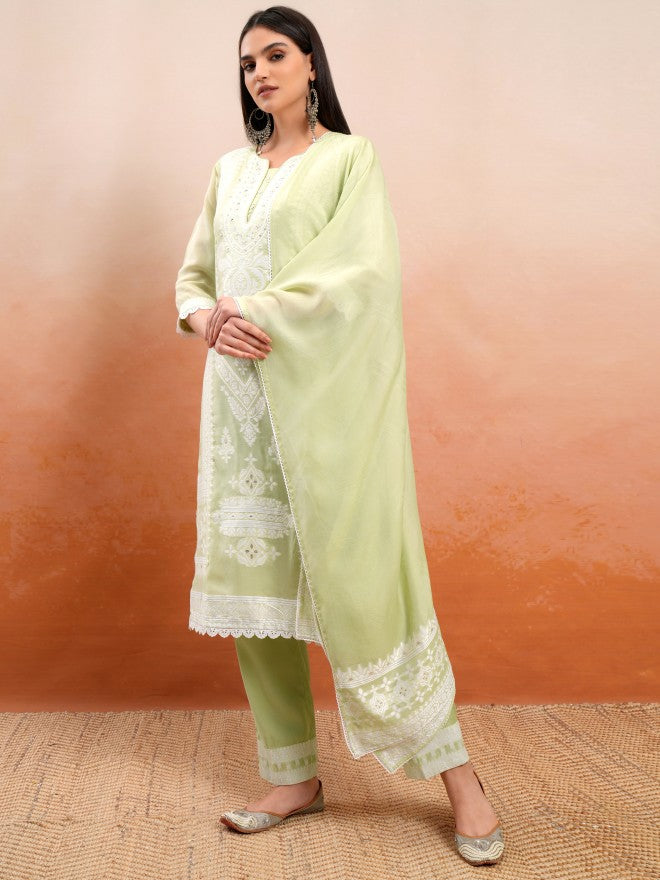 Vishudh Women Green Embroidered Kurta With Trouser And Dupatta - Green - Image 4