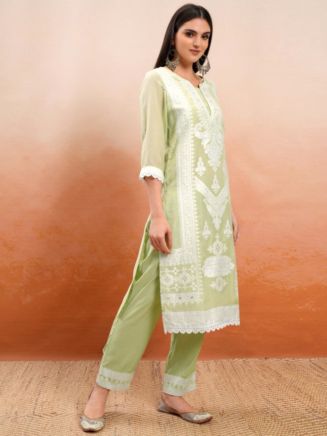 Vishudh Women Green Embroidered Kurta With Trouser And Dupatta - Green - Image 6