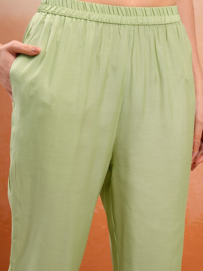 Vishudh Women Green Embroidered Kurta With Trouser And Dupatta - Green - Image 8