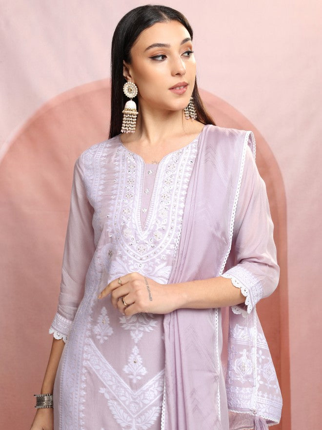 Vishudh Women Purple Embroidered Kurta With Trouser And Dupatta - Purple - Image 1