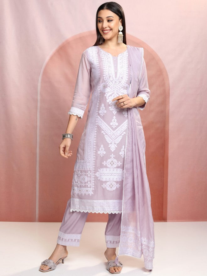Vishudh Women Purple Embroidered Kurta With Trouser And Dupatta - Purple - Image 2
